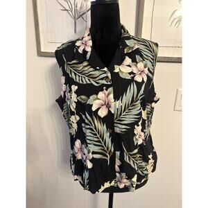 Two Palms Hawaiian Shirt Sleeveless Women’s XL Rayon Button Down Black Floral